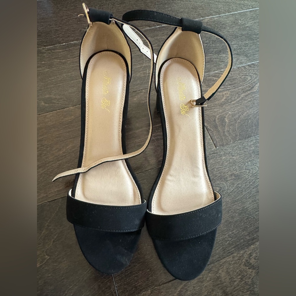 Black and Cream Heels with Ankle Strap and Open-Toe Design